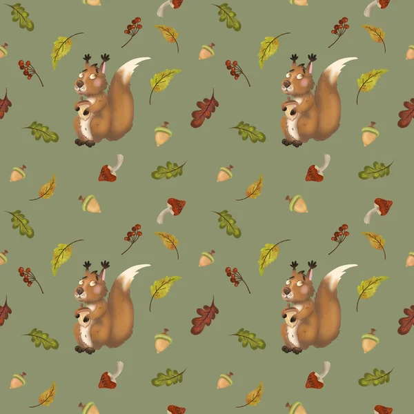 Herbstliches Muster Eines Eichhörnchens Mit Eichel Pilzen Beeren Und Blättern — Stockfoto