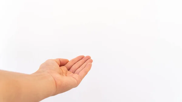 Mão Isolada Gesto Palma Aberta Pedindo Esmola Sobre Fundo Branco — Fotografia de Stock