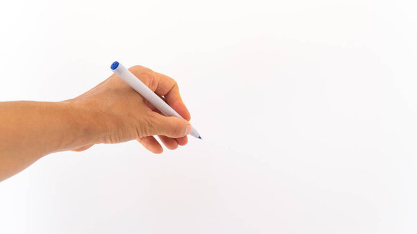  isolated left hand writes with a pen white background