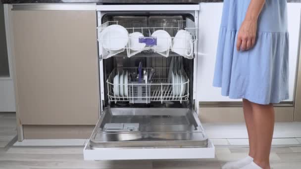 Bir Kadınının Eli Bulaşık Makinesinin Üst Rafını Kirli Bulaşıklarla Doldurur — Stok video