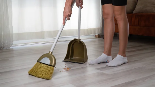 Housewife Does Cleaning Apartment Sweeps Dirt Floor Broom Brush Scoop — Stock Photo, Image
