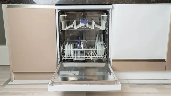 Open Dishwasher Loaded Half Utensils — Stock Photo, Image