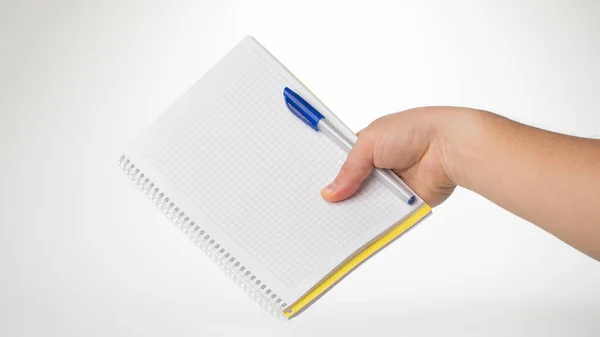 Een Mans Rechterhand Heeft Een Pen Notitieboekje Ruimte Voor Inscriptie — Stockfoto