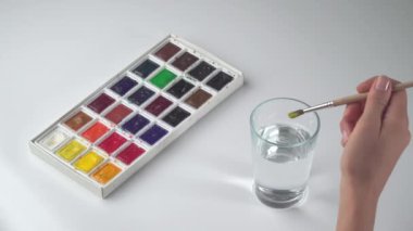 Bir kadın, beyaz arka planda bir bardak suluboya boya çizmek için fırçayı duruluyor. Yüksek kalite 4k görüntü