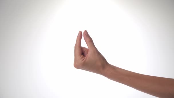 女性の手は 白い背景に親指と人差し指でサイズや距離を示しています 高品質4K映像 — ストック動画