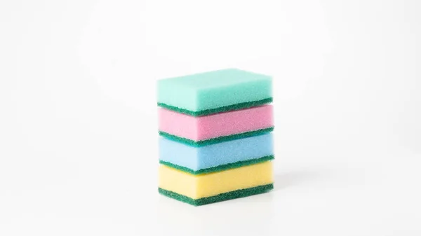 Multicolored Four Sponges Folded Flat Stack White Background High Quality — Stock Photo, Image