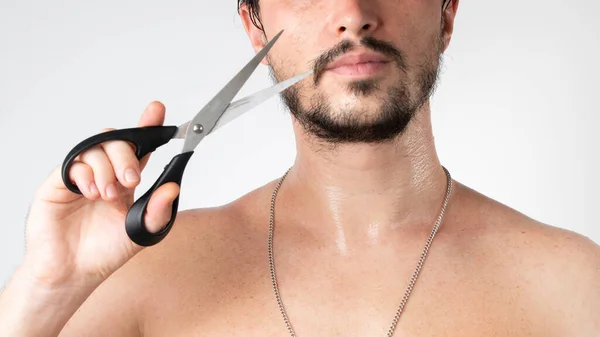 Haircut Styling Beard Mustache Man Scissors Self Care Home High — Stock Photo, Image