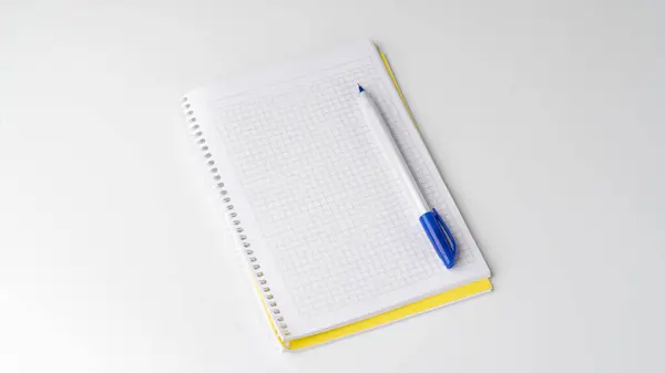 Cuaderno Cuadros Con Bolígrafo Sobre Fondo Blanco Espacio Para Inscripción — Foto de Stock