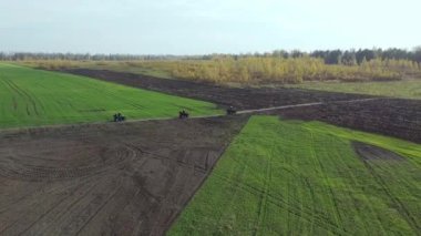 Bir ATV dizisi, orman manzarasının arka planına karşı, bir yükseklikten, kuadkopterden gidiyor. Yüksek kaliteli FullHD görüntüler