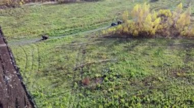 Quad motosikletleriyle doğadaki bir araziye yolculuk, bir kuadkopterden hava fotoğrafçılığı. Yüksek kaliteli FullHD görüntüler