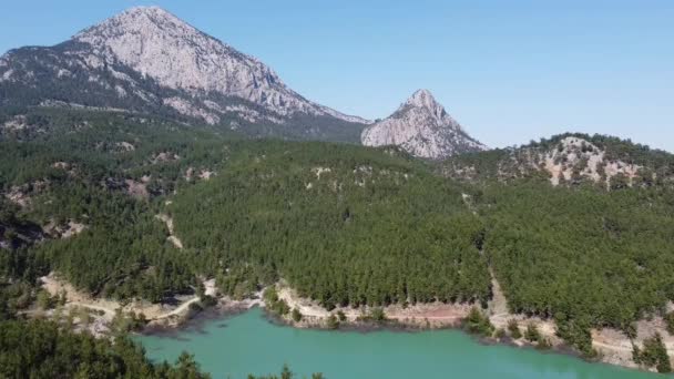 Błękitne Jezioro Górach Wśród Sosnowego Lasu Wysokości Zdjęcia Lotnicze Drona — Wideo stockowe