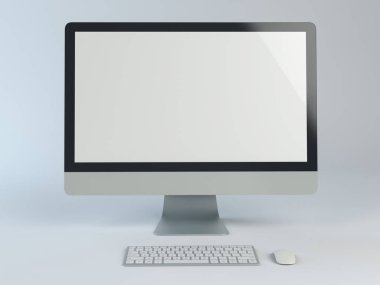 Klavye ve bilgisayar faresi ile monitör, 3B illüstrasyon