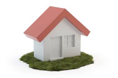 Ev konsepti - çimlerin üzerinde kırmızı çatısı olan basit bir model, 3 boyutlu illüstrasyon
