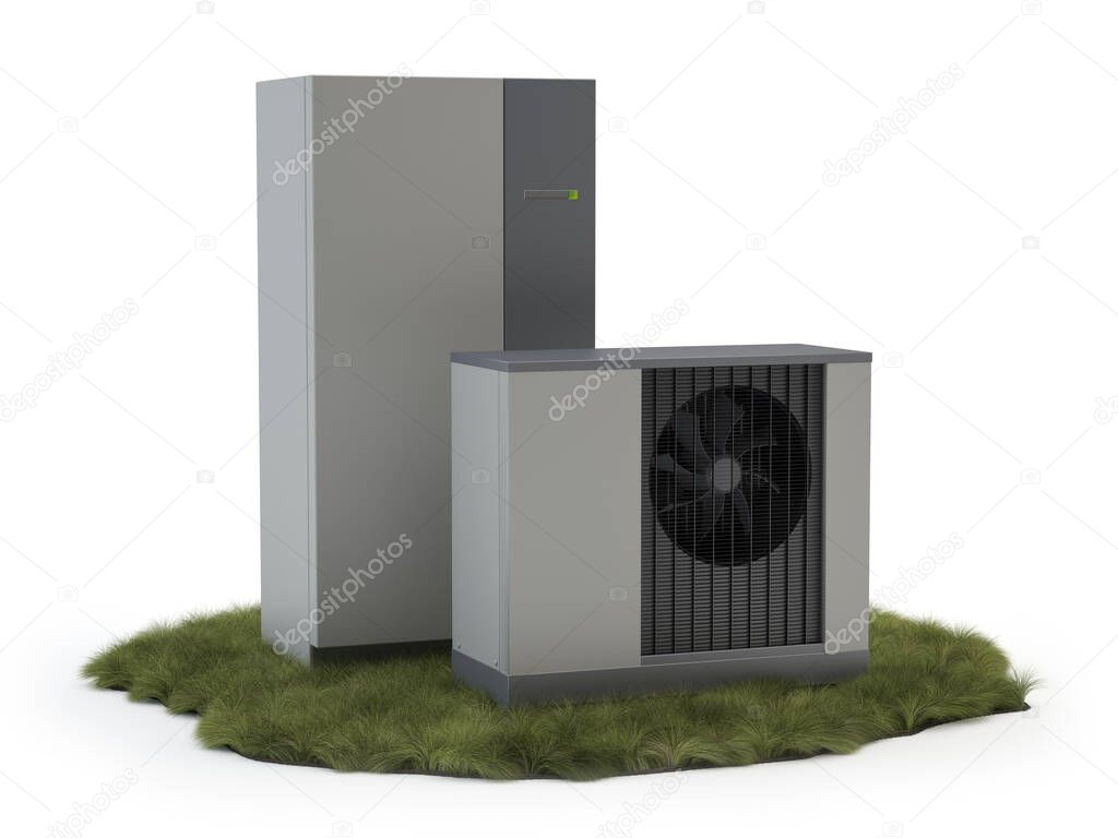 Air heat pump system and grass isolated on white, 3D illustration