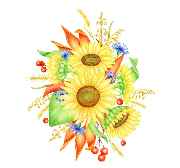 Ilustração Brilhante Buquê Outono Girassóis Aquarela Pintados Mão Flores Milho — Fotografia de Stock