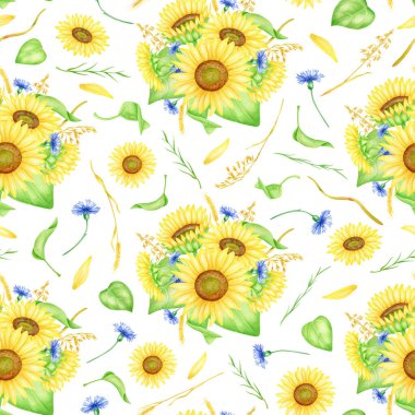 Suluboya çiçekleri kusursuz desen. Elle boyanmış ayçiçeği buketleri, çiçek çiçekleri, yeşillik ve buğday desenli resimler. Çiçek yinelenen arka plan sarma ve kumaşlar için beyaza izole edildi.