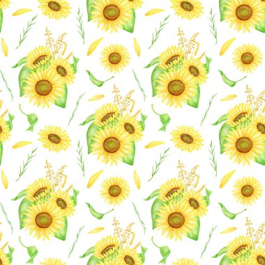 Ayçiçekleri kusursuz desen. Sarı çiçekli, yapraklı ve buğday dikenli suluboya buketler. Parlak çiçekli arka plan sarma ve kumaşlar için beyaza izole edilmiş..