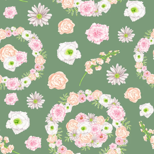 Watercolor seamless pattern with flowers and floral wreaths. Elegant peach colored matthiola, pink peonies on green background. Botanical illustration for fabrics, fashion, wrapping, wallpaper. — Stock Photo, Image