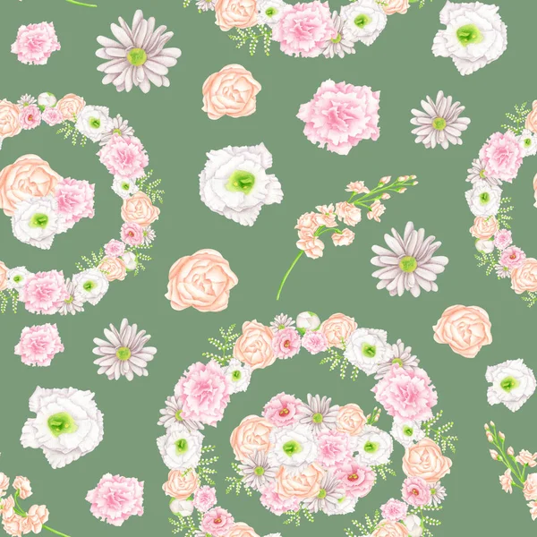 Modello senza cuciture acquerello con fiori e ghirlande floreali. Elegante matthiola color pesca, peonie rosa su sfondo verde. Illustrazione botanica per tessuti, moda, avvolgimento, carta da parati. — Foto Stock