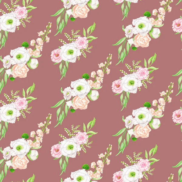 Watercolor floral seamless pattern. Beautiful bouquets on burgundy background. Blush and white flower arrangements, botanical repeated print for fabrics, textile, wallpaper, wrapping, scrapbook paper. — Stock Photo, Image