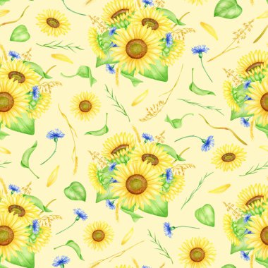 Suluboya çiçekleri kusursuz desen. Elle boyanmış ayçiçeği buketleri, çiçek çiçekleri, yeşillik ve buğday dikenleri. Pastel sarısı arka planda kumaşlar ve ambalajlar için tekrar eden çiçek çizimleri..