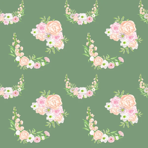 Υδατογραφία floral απρόσκοπτη μοτίβο. Κομψό ρουζ και λευκά λουλούδια σε πράσινο φόντο. Επαναλαμβανόμενο βοτανικό αποτύπωμα. Διακοσμητικό για υφάσματα, υφάσματα, ταπετσαρίες, περιτυλίγματα, χαρτί λευκώματος, κάρτες. — Φωτογραφία Αρχείου