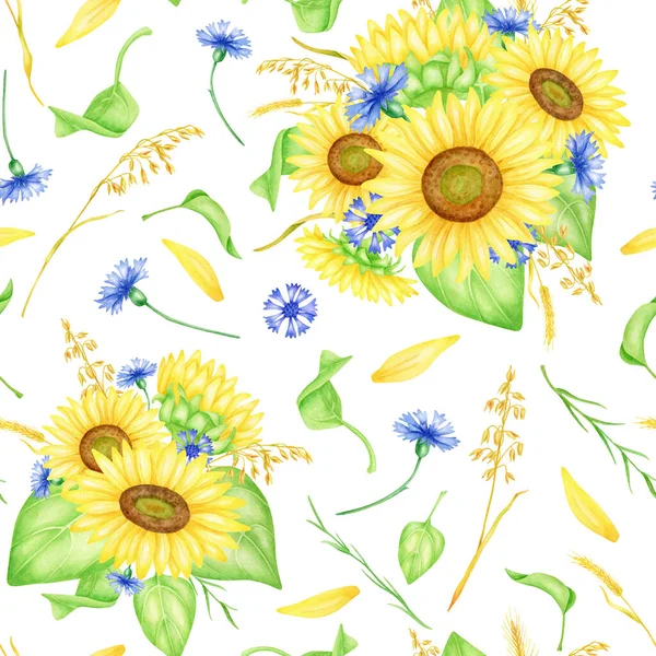 Sunflowers seamless pattern. Hand drawn watercolor bouquets with yellow flowers, cornflowers, wheat spikelets illustration. Bright floral repeated background isolated on white for wrapping, fabrics. — Stock Photo, Image