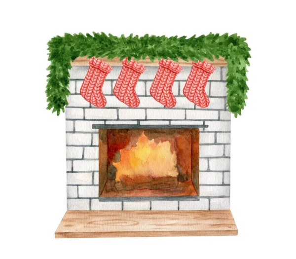 Watercolor Christmas Fireplace Decorated Red Socks Fir Garland Hand Painted — Stock Photo, Image