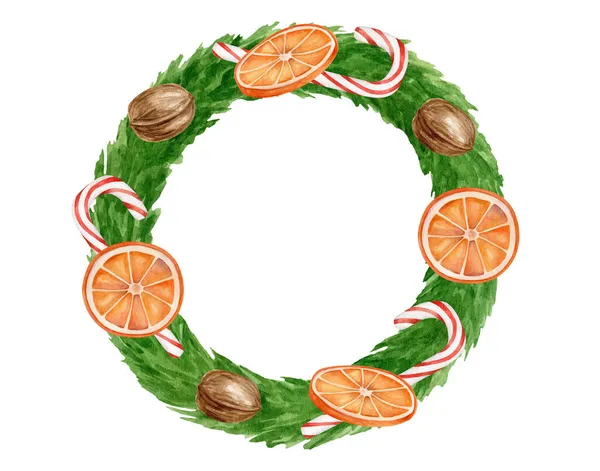 Watercolor Christmas Wreath Illustration Hand Painted Fir Branches Frame Orange — Stock Photo, Image