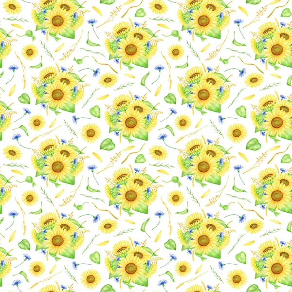 Watercolor Flowers Seamless Pattern Hand Painted Sunflower Bouquets Cornflowers Greenery — Stock Photo, Image