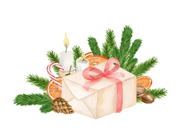 水彩画圣诞插图 手绘冬季装饰 圣诞礼品盒 糖果手杖 冷杉枝条 核桃和干橙子 白色背景隔离 贺卡舒适的冬季设计 — 图库照片