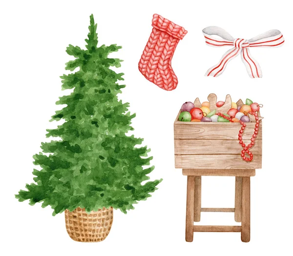 水彩画圣诞树装饰套件 在柳条筐里手绘冷杉树 红色长袜 蝴蝶结 盒子里挂着白色背景的圣诞玩具 设计用的老式冬季插图 — 图库照片