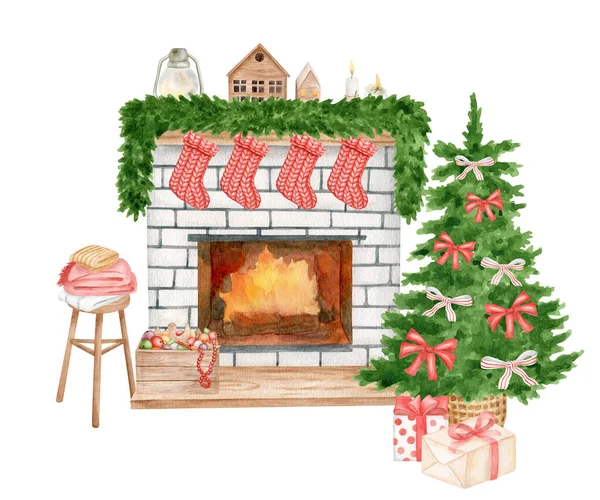 水彩画的圣诞场景 装饰着壁炉和圣诞树 手工粉刷的白砖烧着的地方 挂着的长袜 冷杉树 带有白色背景的礼物 — 图库照片