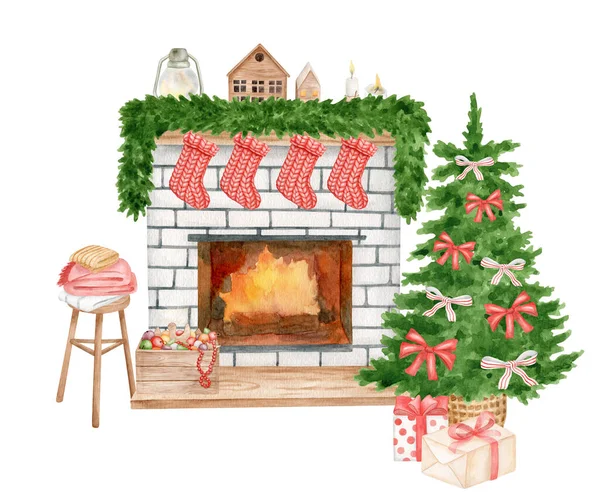 Watercolor Christmas scene with decorated fireplace and christmas tree. Hand painted white brick stone burning fire place, hanging stockings, fir tree with gifts isolated on white background