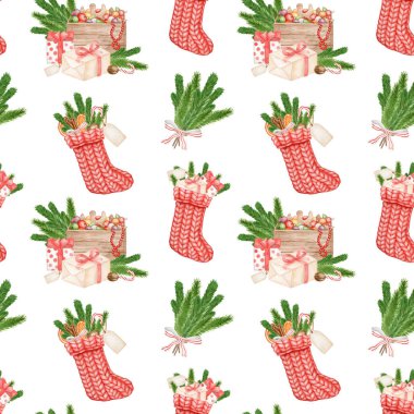 Suluboya Noel kusursuz desen. El yapımı Noel çorapları, ladin dalları buketi, beyaz arka planda izole edilmiş hediye kutuları. Yeni yıl kutlaması. Paket kağıdı için kış yinelenen tasarım