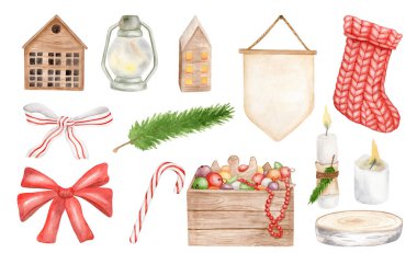Suluboya Noel dekoru seti. El yapımı kışın örülmüş çorap, mum, şeker kamışı, ceviz, yay, köknar dalı, hediye kutusu, çelenk, beyaz arka planda izole edilmiş fener. Klasik Noel illüstrasyonu
