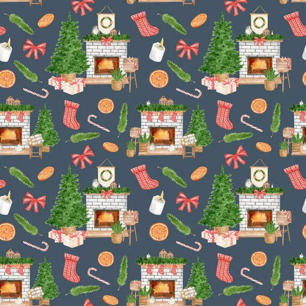 Watercolor Winter Seamless Pattern Fireplace Christmas Tree Christmas Socks Dark — Stock Photo, Image