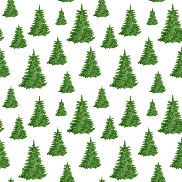 바다 색깔의 가문비나무 숲의 솔기없는 무늬. 손은 흰 바탕에 고립된 상록수를칠 하였다. 우드랜드는 크리스마스, 겨울 카드, 직물, 포장지등을 위한 디자인을 반복 했다.. — 스톡 사진