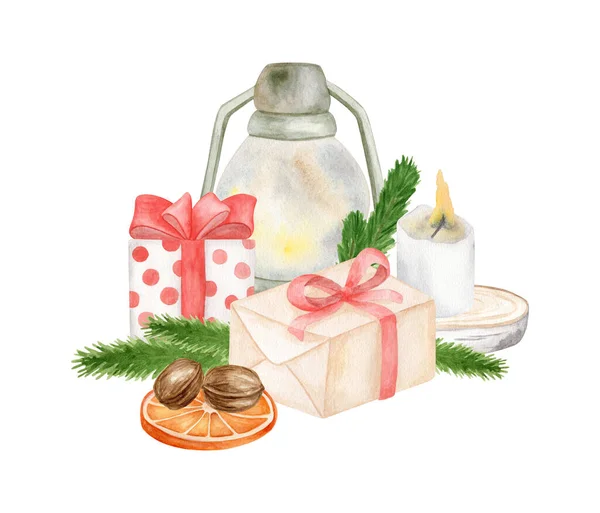 Aquarell Weihnachtsdekor Illustration. Handgezeichnete Winterkomposition mit Laterne, Geschenkboxen. Kerzen, Tannenzweige, Walnüsse und trockene Orangen isoliert auf weißem Hintergrund. Vintage-Weihnachtsmalerei. — Stockfoto