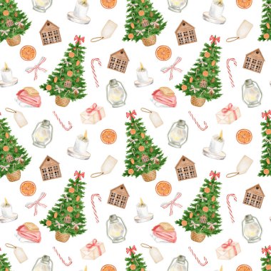 Suluboya Noel kusursuz desen. El yapımı Noel ağacı, fenerler, şeker kamışı, beyaz arka planda izole edilmiş yanan mumlar. Yeni yıl ambalaj kağıdı için tekrarlanan şenlikli tasarım.
