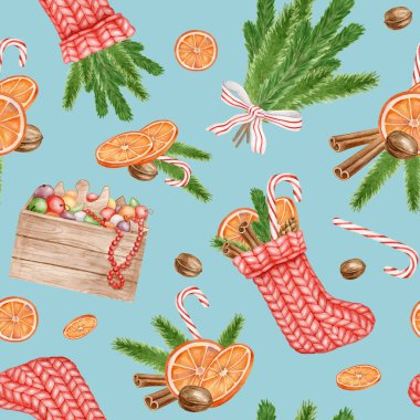 Suluboya Noel kusursuz desen. El çizimi Noel çorapları, ladin dalları buketi, şeker kamışı, ceviz, mavi arka planda kuru portakal. Paket kağıdı için kış yinelenen tasarım.