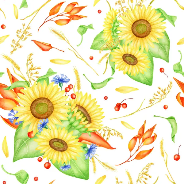 Watercolor fall floral seamless pattern. Hand drawn sunflower bouquets with cornflowers, spikelets, red berries and leaves illustration. Colorful flowers repeated design isolated on white backgound. — Stock Photo, Image