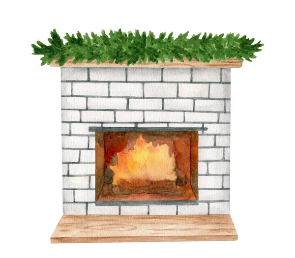 Watercolor Brick Burning Fireplace Decorated Fir Garland Hand Painted White — Stock Photo, Image