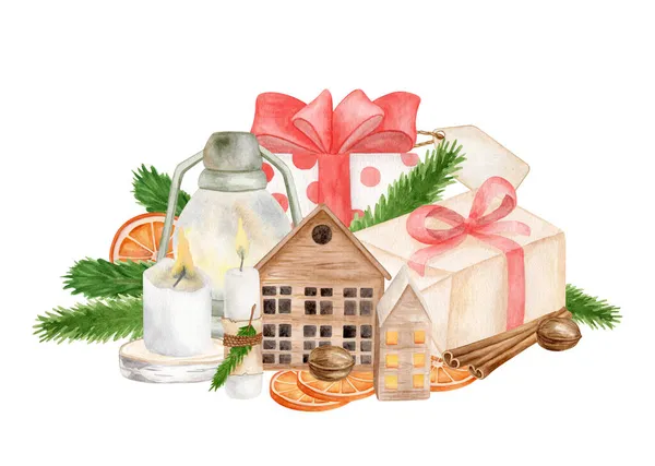 水彩画圣诞装饰构图 手绘冬季插图与灯笼 圣诞礼品盒 冷杉树枝 木制房子玩具隔离在白色背景 卡片的设计 — 图库照片