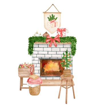 Suluboya Noel şöminesi illüstrasyonu. Elle boyanmış şömine, küçük Noel ağacı ve beyaz arka planda izole edilmiş kış dekoru. Yeni yıl sıcacık ev sahnesi. Çiftlik evinin iç kısımları.