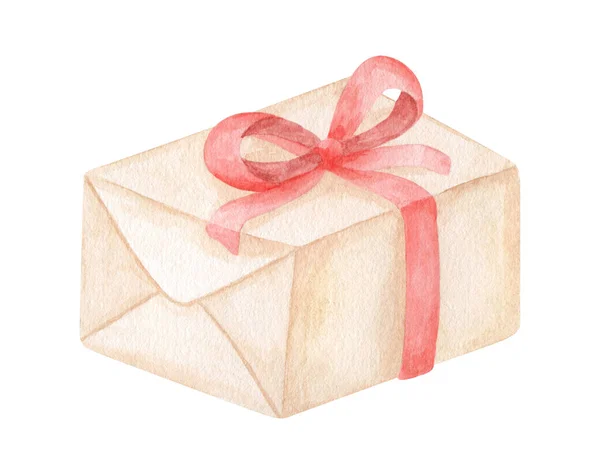 水彩ギフトボックスイラスト 手描きのギフトボックスは 白い背景に隔離された赤いリボン弓と茶色のクラフト紙に包まれています パーティー クリスマス 誕生日 バレンタインのためのかわいいプレゼントの図面 — ストック写真