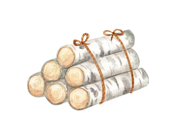 水彩木柴捆图解 用绳子绑在白色背景上的手工粉刷的圆桦木堆 木桩画 冬季天然乡村装饰 壁炉用树干 — 图库照片