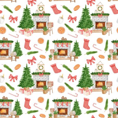 Şömineli suluboya kış deseni, Noel ağacı ve beyaz arka planda izole edilmiş Noel çorapları. Yeni yıl kutlaması. Kutlama ev dekoru ambalaj kağıdı için tekrarlanan tasarım