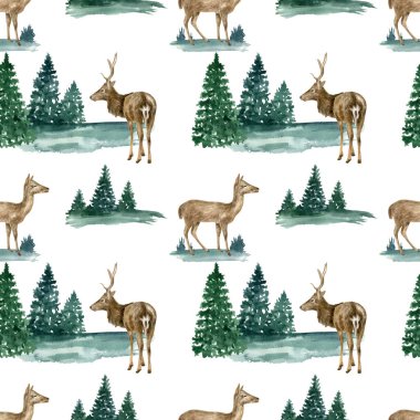 Geyik ve manzaralı suluboya Noel deseni. Elle boyanmış gerçekçi geyik, beyaz arka planda köknar ağaçları olan geyik yavrusu. Kumaş, duvar kâğıdı, baskı için Woodland illüstrasyonu.