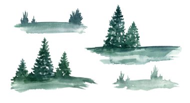 Soyut orman illüstrasyonu. Elle boyanmış köknar ağaçları silueti. Beyaz arka planda izole edilmiş suluboya sıçrama dokusu var. Kartlar, posterler, tasarım için kışın sisli orman elementleri.